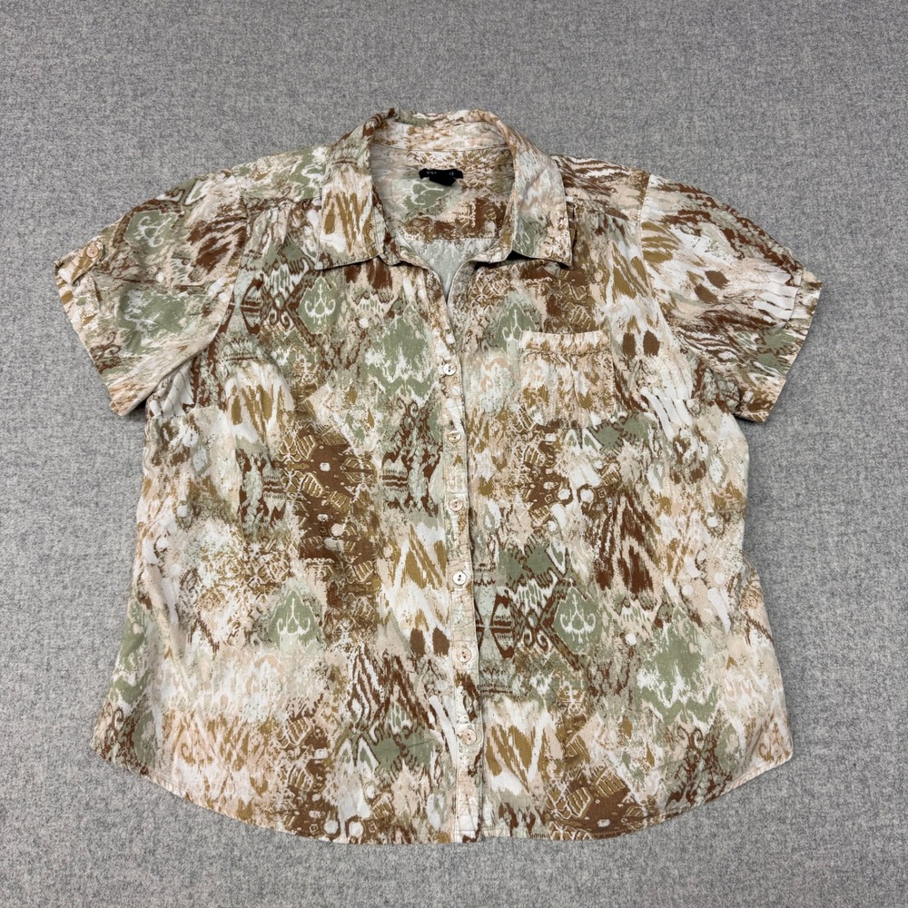 Erika | Button Up Shirt | XL | Brown Green Ikat | Short Sleeve Pocket Casual Top